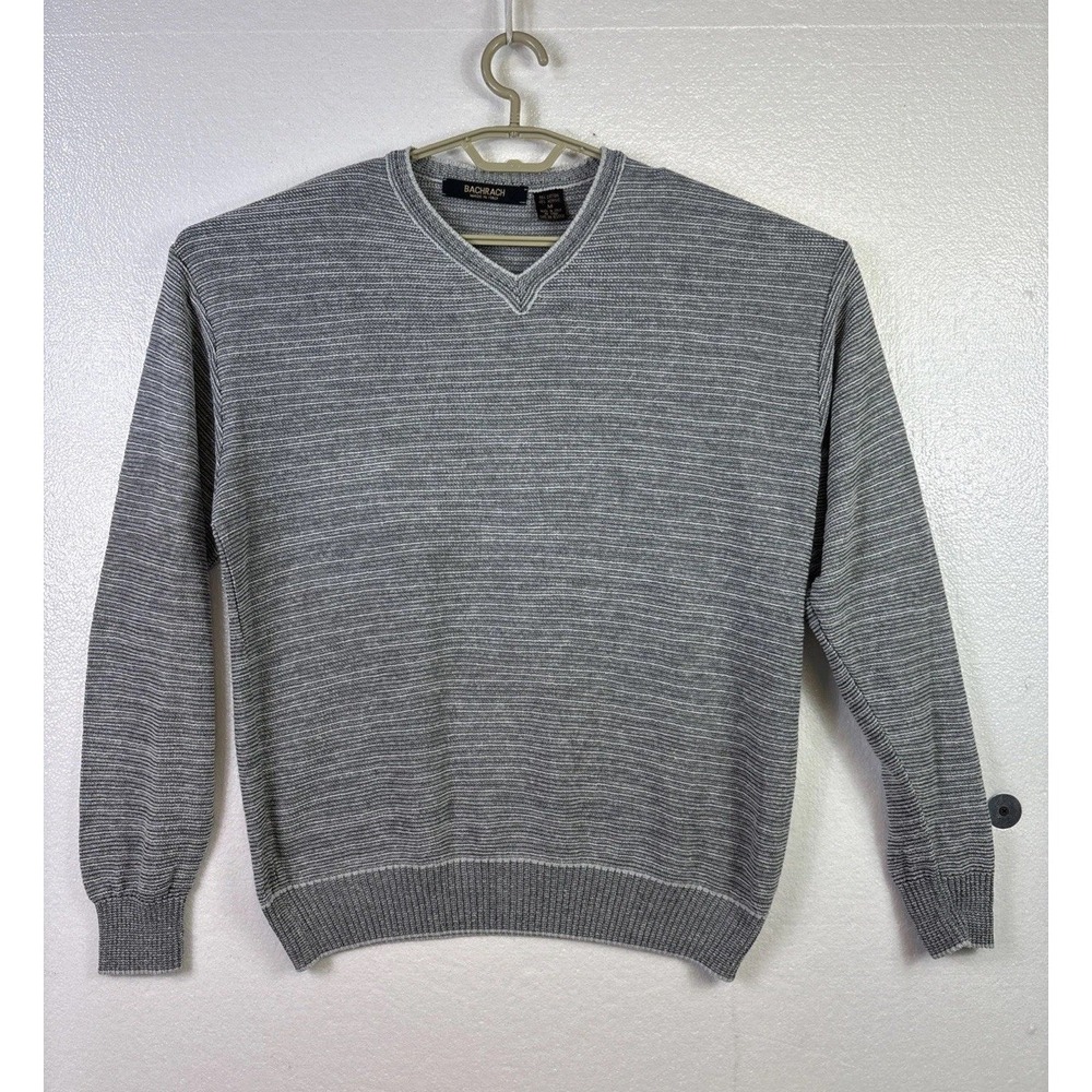 Bachrach Italy Sweater Mens Sz M Gray Pull‎ over V Neck Casual Office Church